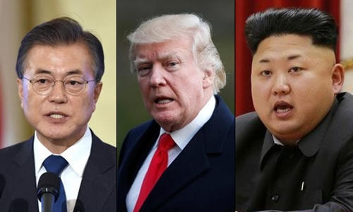 Từ trái sang, Tổng thống Hàn Quốc Moon Jae-in, Tổng thống Mỹ Donald Trump và nhà lãnh đạo Triều Tiên Kim Jong-un. Ảnh: Reuters.