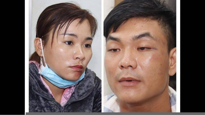 Nguyễn Hoàng Sơn và Lê Ngọc Mỹ Liền tại cơ quan công an. Ảnh C.A