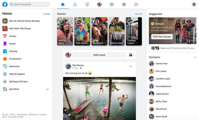 Giao diện mới của Facebook, được cập nhật vào tháng 3/2020.
