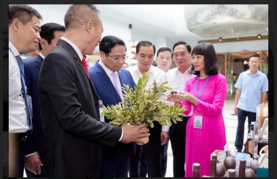 Thủ tướng Phạm Minh Chính cùng lãnh đạo bộ, ngành và lãnh đạo địa phương tham quan gian hàng OCOP Kiên Giang.