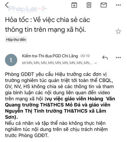 Thông báo "hỏa tốc" được Phòng GD-ĐT huyện Chi Lăng gửi qua email về các đơn vị trường học trong ngày 16/4.