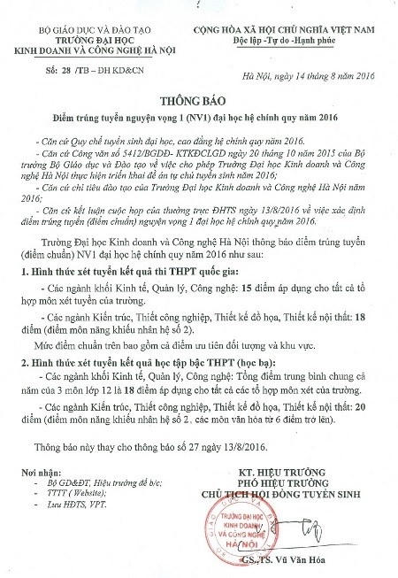 Thông báo trúng tuyển mới ngày 14/8, trường ĐH Kinh doanh và Công nghệ Hà Nội đã rút điểm trúng tuyển ngành y đa khoa, dược học.