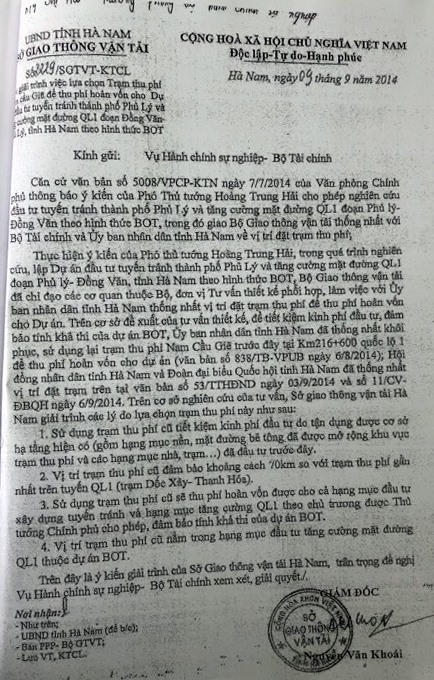 Văn bản của Sở GTVT Hà Nam giải thích lý do lựa chọn vị trí đặt trạm thu phí trên QL1.