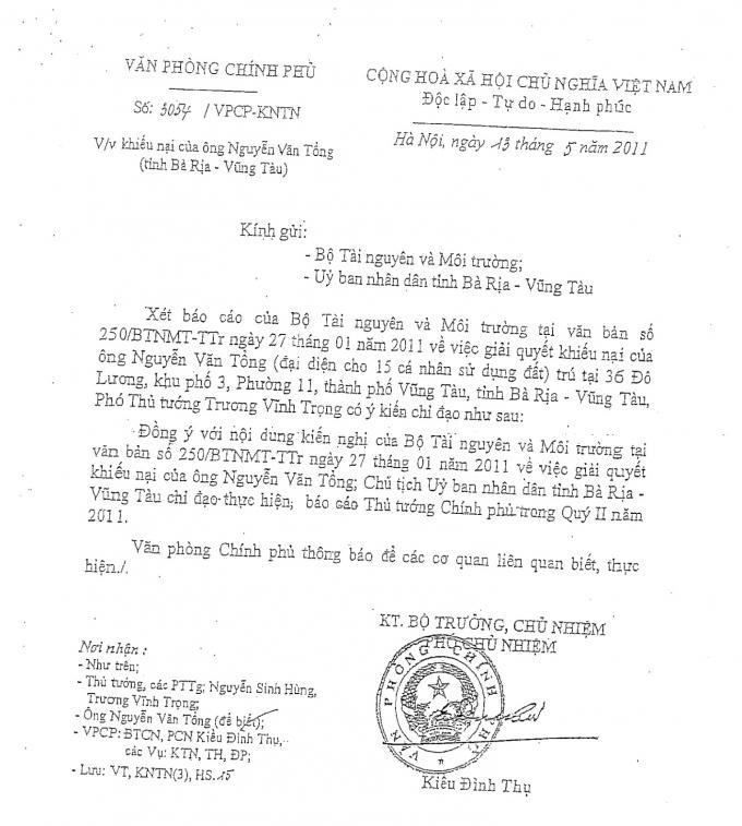 Công văn số 3054/VPCP-KNTN của Văn phòng Chính phủ trả lời báo cáo của UBND tỉnh Bà Rịa- Vũng Tàu về vụ khiếu nại.