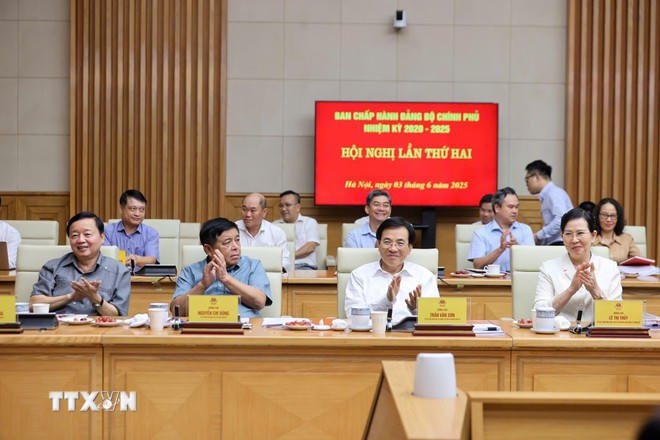 Các đồng chí ủy viên Ban Chấp hành Đảng bộ Chính phủ tham dự Hội nghị. (Ảnh: Dương Giang/TTXVN)