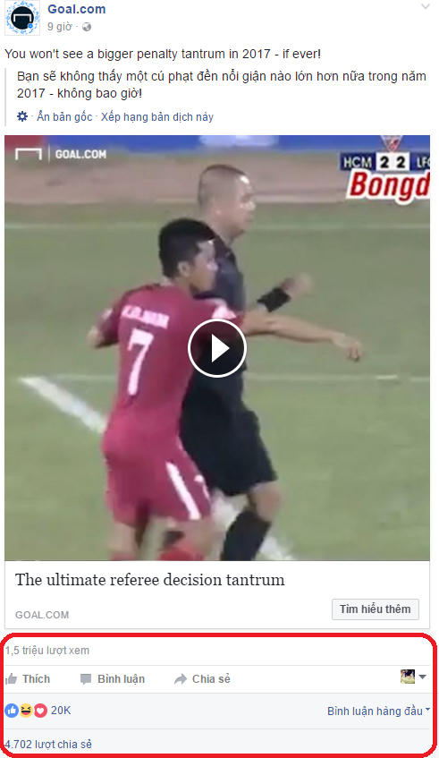 Chia sẻ trên Fanpage Goal.com về trận đấu.