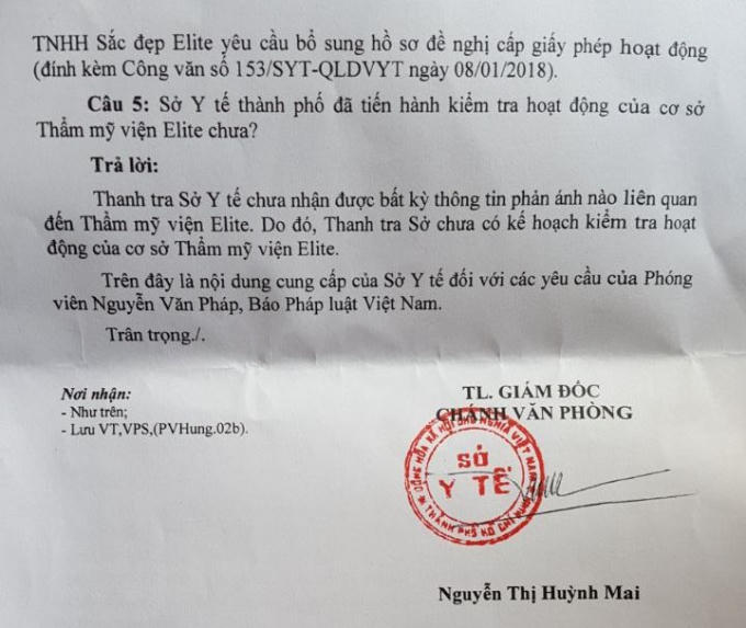 Sở Y tế TP HCM chưa duyệt hồ sơ cấp giấy phép hoạt động cho Phòng khám Chuyên khoa Da liễu thuộc Công ty TNHH Sắc đẹp Elite.