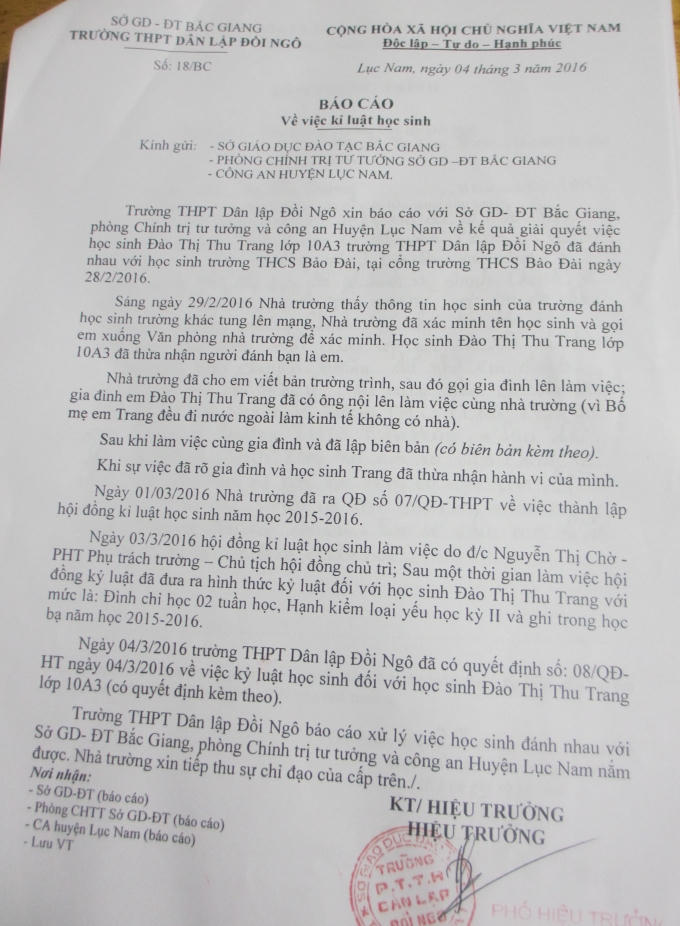 Báo cáo của Trường THPT Dân Lập Đồi Ngô gửi Sở Giáo dục và Đào tạo tỉnh Bắc Giang.