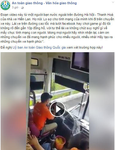 Tài xế xe khách Hiền Lan sử dụng điện thoại, lái xe bằng cùi chỏ