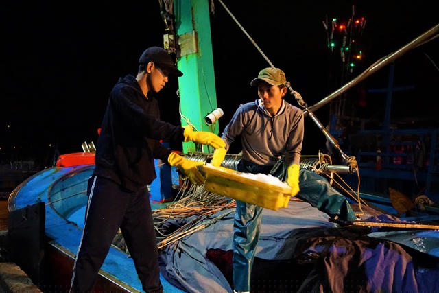Dưới ánh đèn cao áp vàng vọt trong đêm, những bước chân hối hả, thoăn thoắt của ngư dân như đang chạy đua với thời gian để đưa cá từ tàu, ghe vào bờ. Người làm việc phân loại hải sản, cân hàng… làm cho cảng cá luôn náo nhiệt.