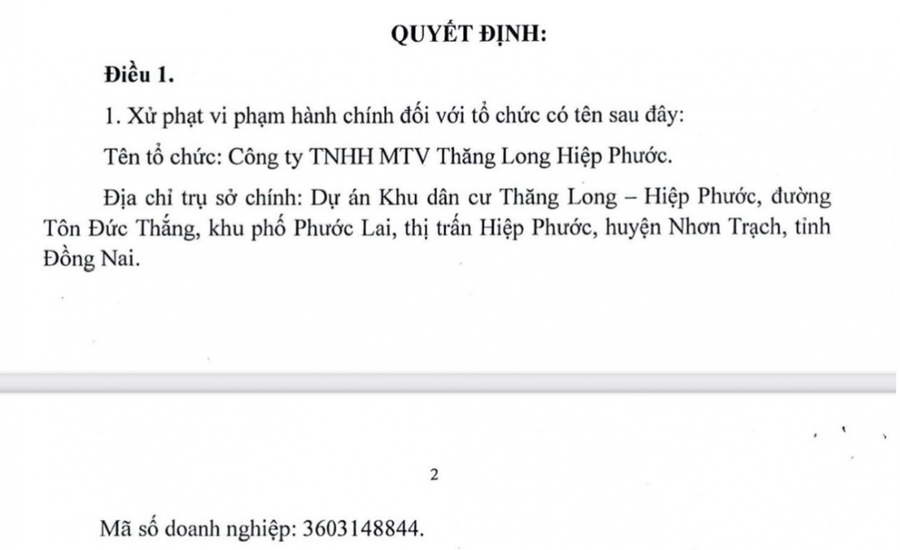 Quyết định xử phạt đối với công ty.