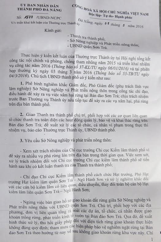 Văn bản chỉ đạo của TP Đà Nẵng về vụ việc.