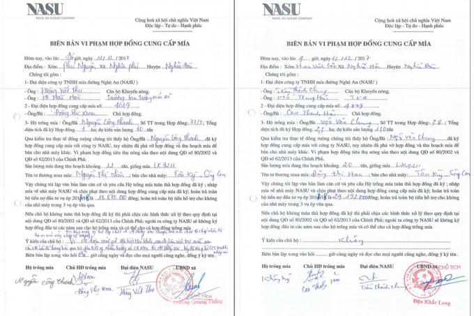 Những biên bản người nông dân vi phạm hợp đồng cung cấp mía cho công ty NASU.