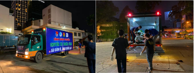 Ngay khi “Chuyến xe nghĩa tình” vào bến tại Nhà Văn hóa thanh niên (Quận 1), các tình nguyện viên đã chờ sẵn để vận chuyển hàng hóa xuống