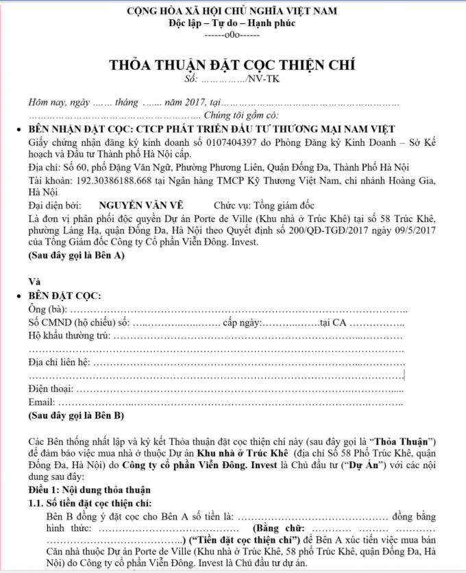 Mẫu thỏa thuận đặt cọc mà nhân viên Công ty Nam Việt gửi qua email cho khách hàng.