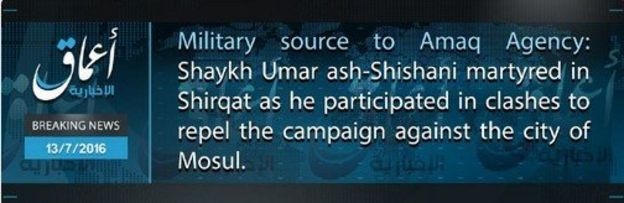 Hãng tin Amaq đăng tải nội dung về cái chết của tên Shishani. (Ảnh: BBC)