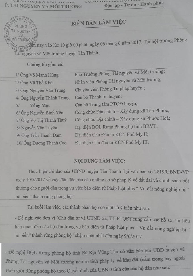 Biên bản buổi làm việc ngày 6/6/2017 làm rõ cơ sở pháp lý và chính sách bồi thường cho người dân.