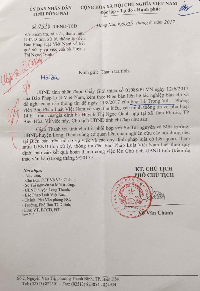 Công văn số 8538/UBND-TCD của UBND tỉnh Đồng Nai.