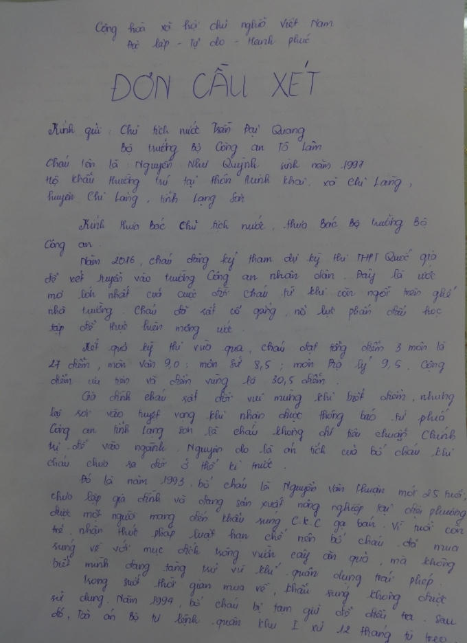 Một phần của bức t&acirc;m thư của em Quỳnh gửi tới ng&agrave;i Chủ tịch nước v&agrave; Bộ trưởng C&ocirc;ng an