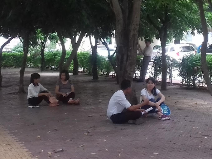 Các phụ huynh tập trung tại khuôn viên vườn nhãn của Đại học Sư phạm Hà Nội vì nơi đây gần khu vực thi và nhiều bóng mát.