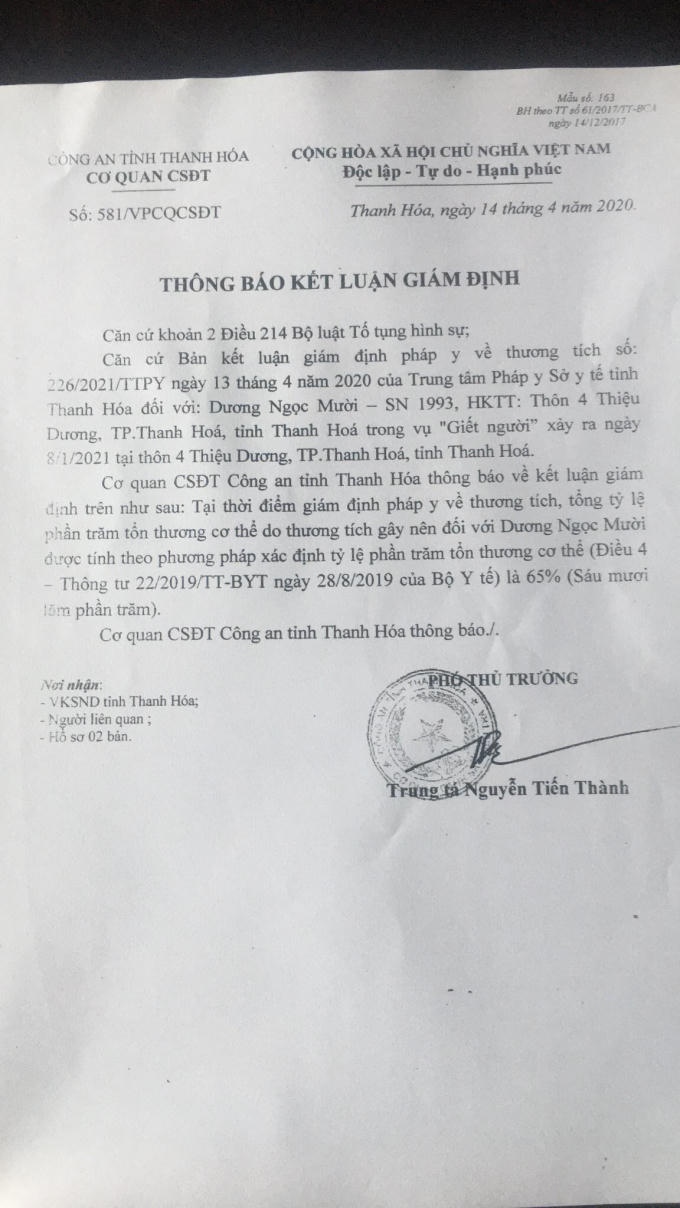Theo kết luận giám định của Công an tỉnh Thanh Hoá ngày 14/4/2021, Dương Ngọc Mười bị tổn hại sức khoẻ 65%.