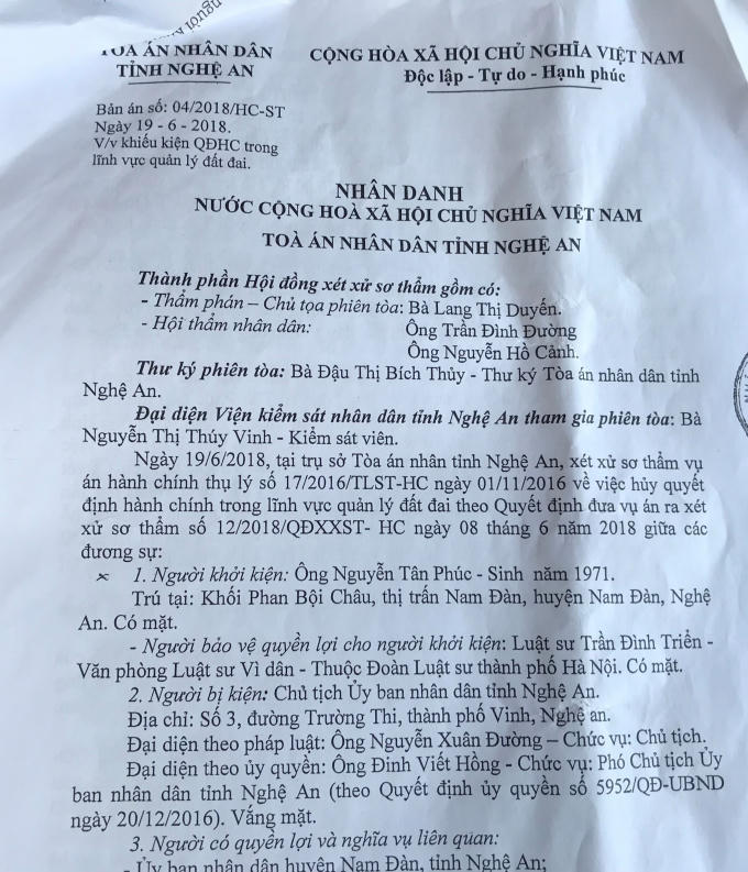 Bản án số 04/HC-ST đã Bác yêu cầu khởi kiện của ông Nguyễn Tân Phúc.