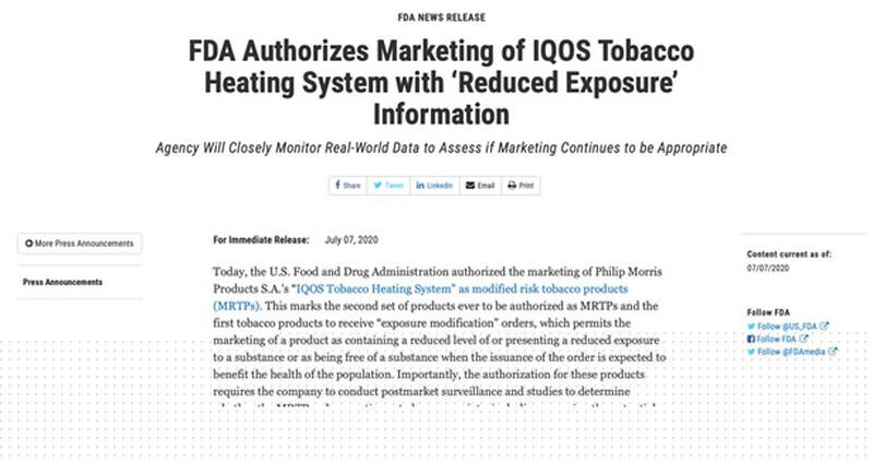 Cơ quan Quản lý Thực phẩm và Dược phẩm Hoa Kỳ cho phép tiếp thị thuốc lá nung nóng như một sản phẩm điều chỉnh nguy cơ.