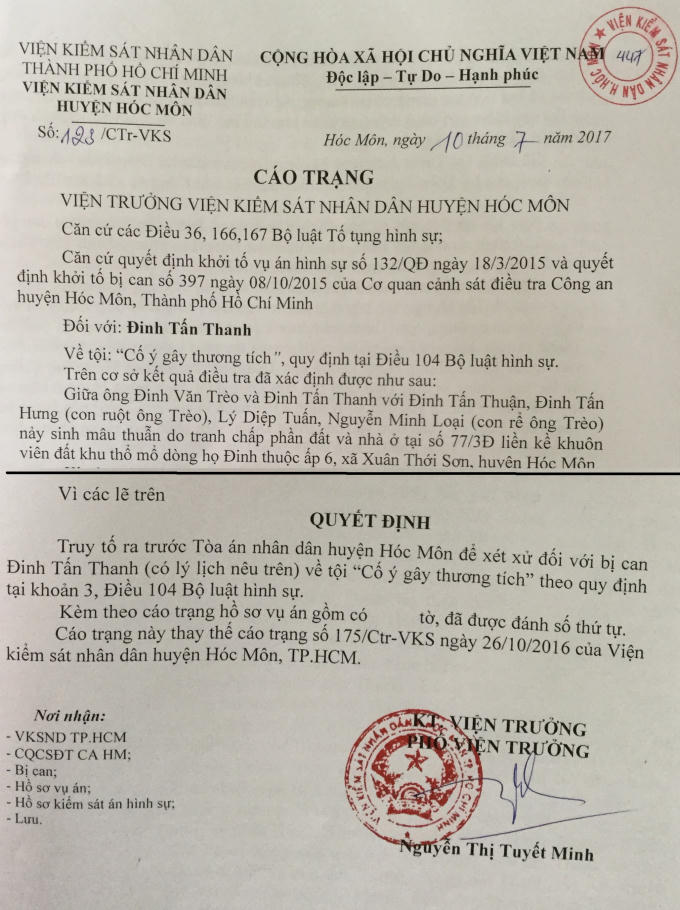 Cáo trạng số 123/CTr- VKS của Viện KSND huyện Hóc Môn.