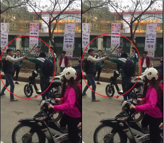 Nam sinh mặc &aacute;o kho&aacute;c đen d&ugrave;ng cả gậy to đ&aacute;nh v&agrave;o đầu bạn.