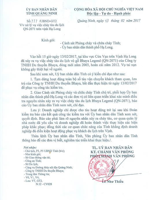 Nội dung văn bản chỉ đạo đình chỉ hoạt động của các tàu du lịch thuộc Công tyTNHH Du thuyền Bhaya.