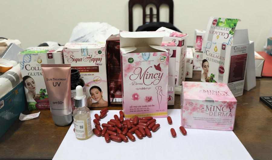 Một số loại thực phẩm chức năng, mỹ phẩm được Công ty NTA thổi phồng thành thuốc trị bệnh. (Nguồn: Bích Mận, Công an tỉnh Nam Định)