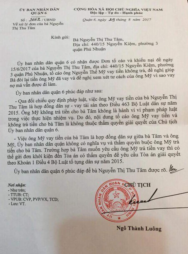 Văn bản trả lời của UBND Quận 6 về trường hợp vay tiền của ông Mỹ.