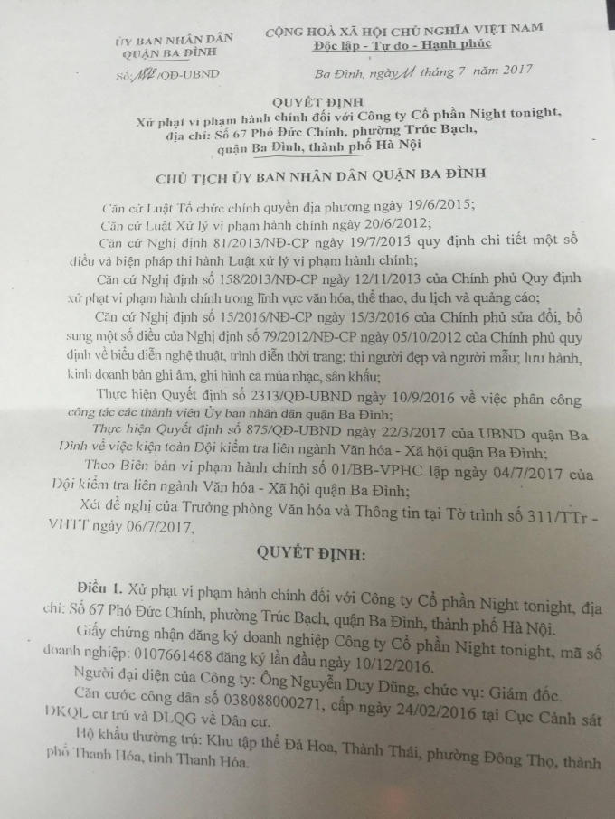 Quyết định xử phạt bar F Club Hà Nội của UBND quận Ba Đình