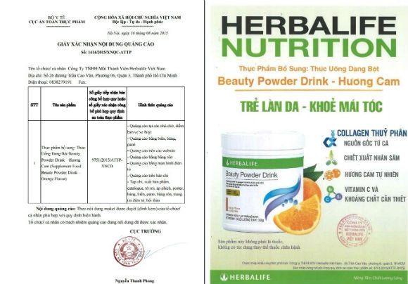 Giấy xác nhận quảng cáo sản phẩm Beauty Powder Drink - Hương cam do  Cục An toàn Thực phẩm (Bộ Y tế) cấp cho Công ty TNHH Một thành viên Herbalife Việt Nam.