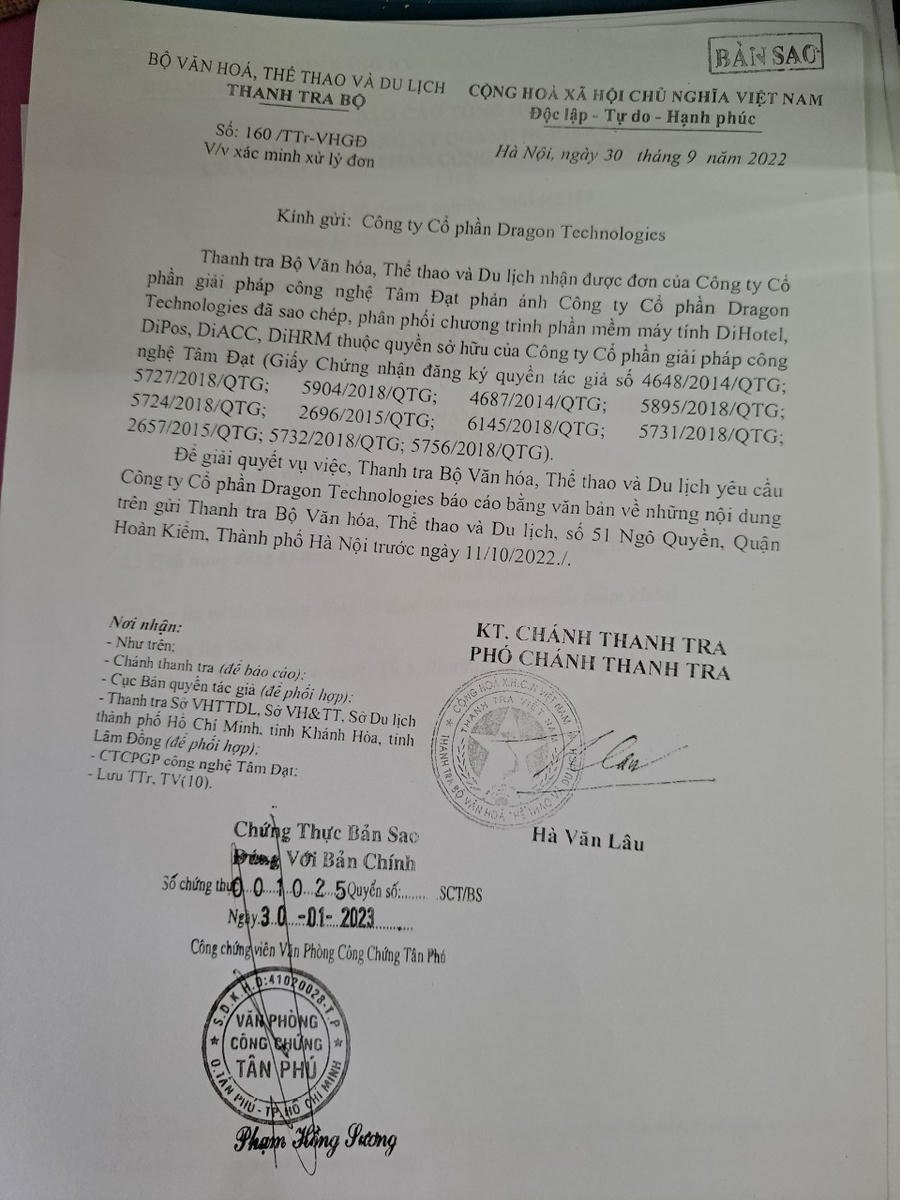 Công văn của Thanh tra Bộ VHTTDL yêu cầu Công ty Dragon Technologies báo cáo bằng văn bản.