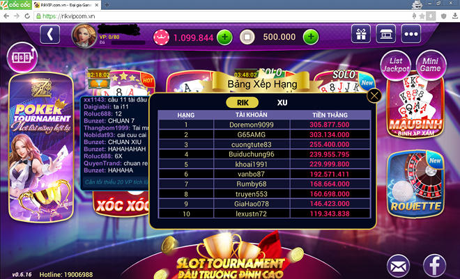 Hình ảnh giao diện người dùng của sòng bài trực tuyến Rikvip (đã dừng hoạt động).