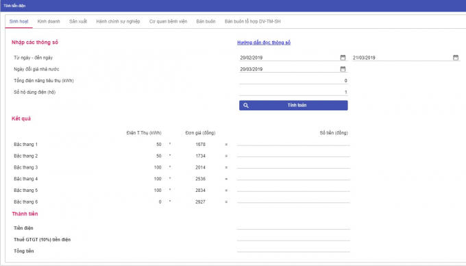 Công cụ tính tiền điện trực tuyến trên website EVN HANOI