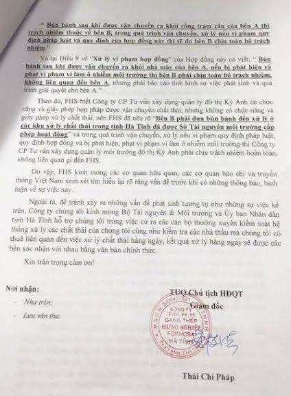 Văn bản giải trình việc Formosa ký hợp đồng với Công ty Môi trường, đô thị Kỳ Anh, gạt bỏ trách nhiệm hàng trăm tấn chất thải chôn trong vườn ông GĐ.