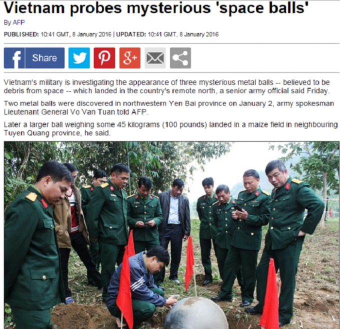 Daily Mail đưa tin liên quan đến các vật thể lạ được phát hiện ở Việt Nam.