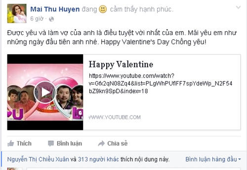 Nữ diễn viên Mai Thu Huyền khiến nhiều người ghen tỵ với lời chúc và món quà đặc biệt mà cô dành tặng cho chồng: "Được yêu và làm vợ anh là điều tuyệt vời nhất của em. Mãi yêu em như những ngày đầu tiên anh nhé. Happy Valentine's Day chồng yêu!".
