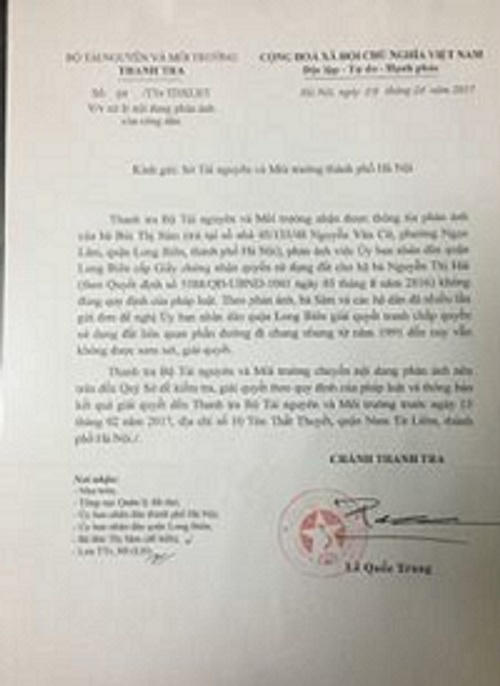 Công văn số 04/Ttr-TDXLĐT do ông Lê Quốc Trung, Chánh thanh tra Bộ TNMT ký gửi Sở tài nguyên môi trường TP Hà Nội về việc giải quyết thông tin phản ánh của bà Bùi Thị Sâm.