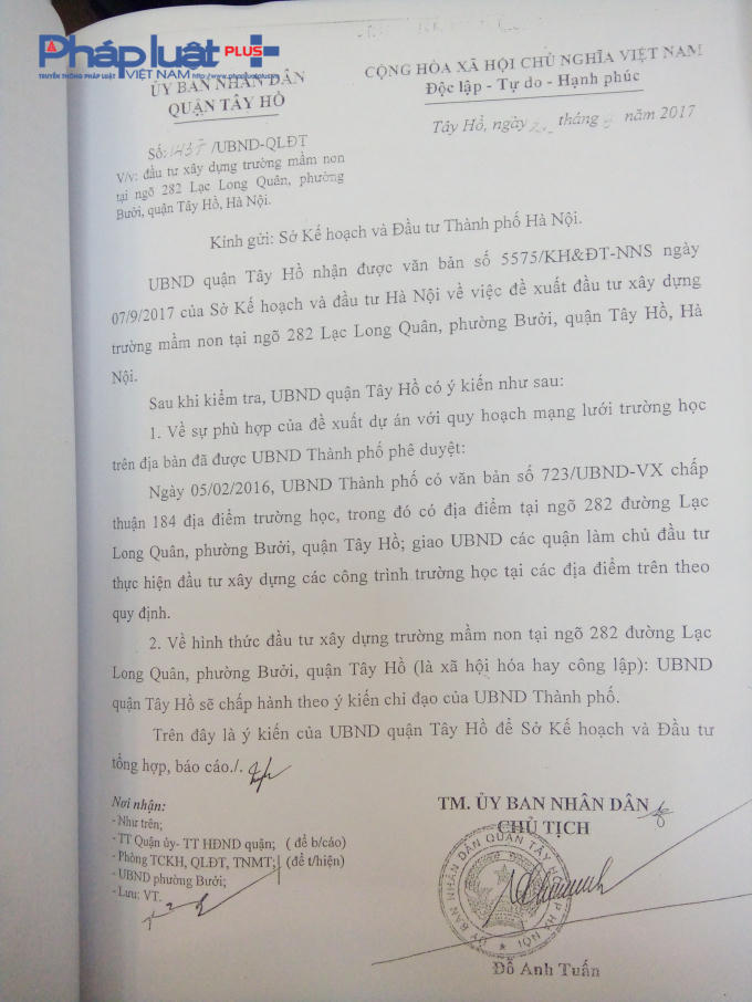 Văn bản của UBND quận Tây Hồ tham gia ý kiến về việc đầu tư xây dựng trường mầm non tại ngõ 282 Lạc Long Quân, phường Bưởi, quận Tây Hồ.