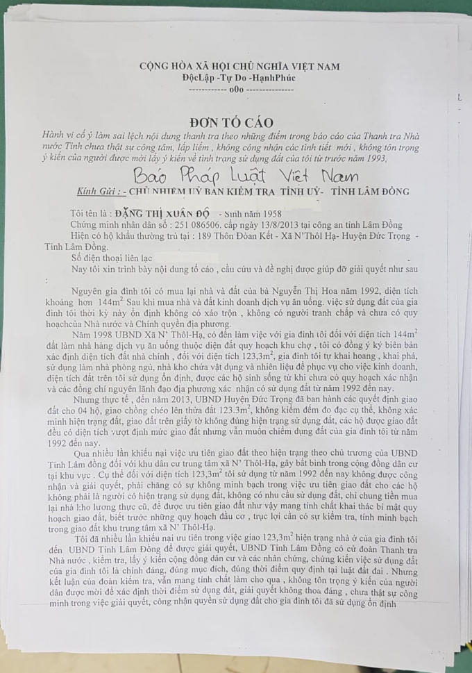 Bà Đặng Thị Xuân Độ tố cáo Thanh tra tỉnh Lâm Đồng có hành vi làm sai lệch nội dung.