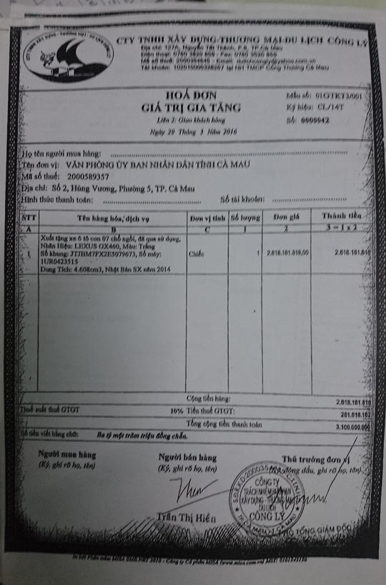 Cà Mau: Doanh nghiệp tặng tỉnh 2 xe Lexus trị giá 6,2 tỷ đồng