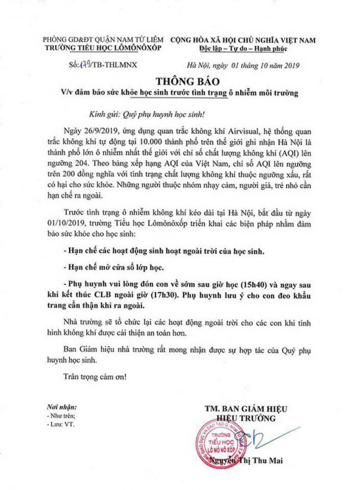 Trường Tiểu học Lômônôxốp đã thông báo về việc triển khai các biện pháp nhằm đảm bảo sức khỏe cho học sinh trước tình trạng ô nhiễm không khí tại Hà Nội.
