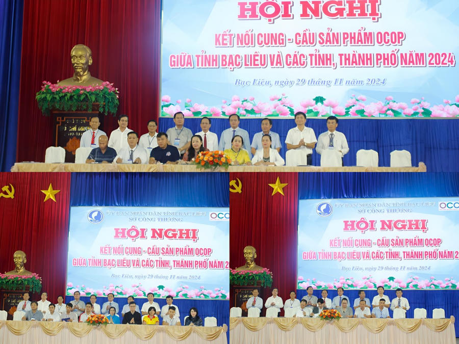 Lãnh đạo Tỉnh ủy, UBND tỉnh Bạc Liêu, Ủy ban MTTQ Việt Nam tỉnh,… chứng kiến các doanh nghiệp ký kết biên bản ghi nhớ hợp tác với các chủ thể OCOP.