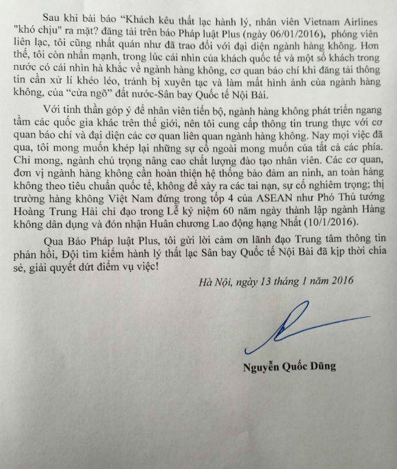 Những chia sẻ của hành khách Nguyễn Quốc Dũng gửi tới ngành hàng không.