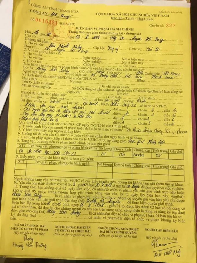 Biên bản xử phạt của Công an huyện Hà Trung. Quyết định tạm giữ phương tiện của CA huyện Hà Trung.