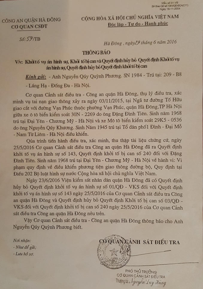 Thông báo về việc hủy bỏ quyết định khởi tố vụ án, khởi tố bị can.