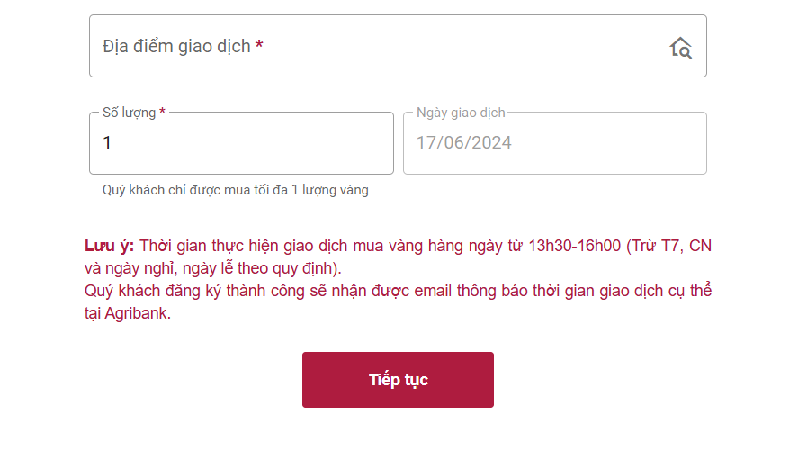Giao diện đăng ký mua vàng của Agribank.